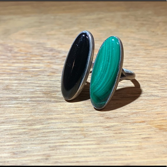 Sterling silver, malachite, obsidian ring - Picture 1 of 11